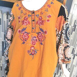 Caleooa Bohohemian Tunic Top Women's 2X  Colorful Stretch Festival Blouse 0029